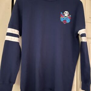 Navy Blue Long-Sleeve Crewneck Coco Tee with White Sleeve Stripes